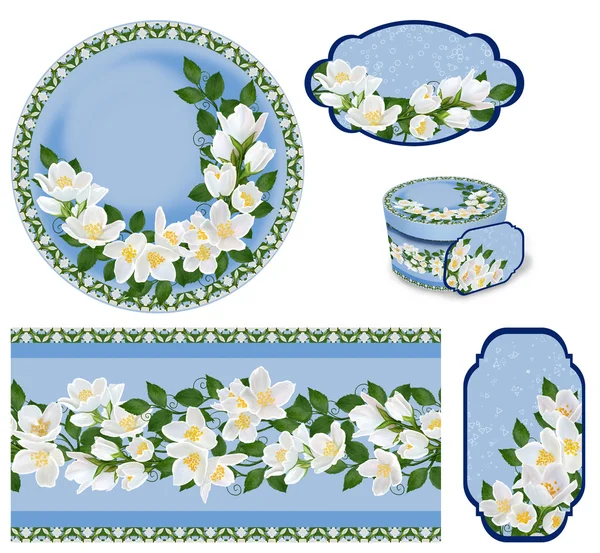 Set for packaging. Box round. Label.decoupage. Floral background. Flower border. Pattern. Mosaic.A branch of a blossoming white jasmine in the spring.