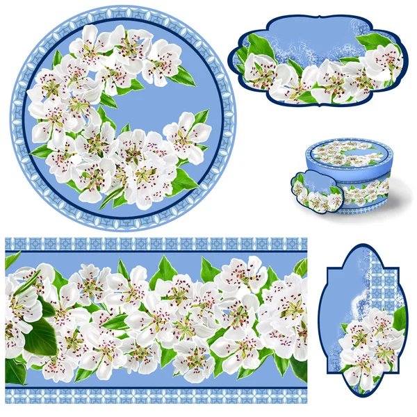 The branch of a flowering pear. White flowers. Blooming trees. Set for packaging. Box round. Label.decoupage. Floral background. Flower border. Pattern. Mosaic.
