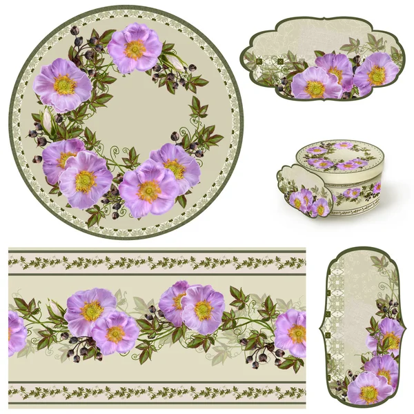 Set for packaging. Box round. Label.decoupage. Floral background. Flower border. Pattern. Mosaic. The branch of a flowering pink wild rose