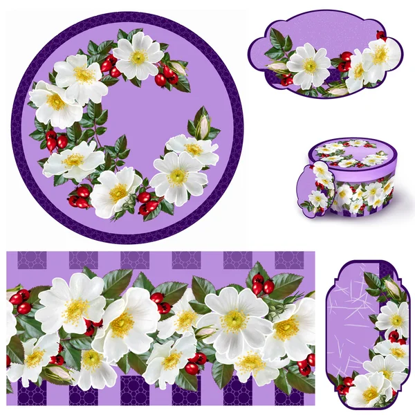 Set for packaging. Box round. Label.decoupage. Floral background. Flower border. Pattern. Mosaic. The branch of a flowering wild rose