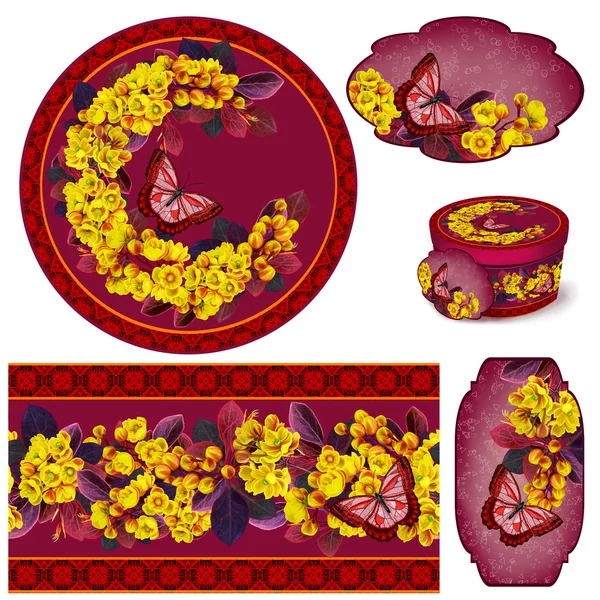 Set for packaging. Box round. Label. decoupage. Floral background. Flower border. Pattern. Mosaic. The branch of blossoming barberry. Spring flowering. Yellow flowers. Red butterfly.