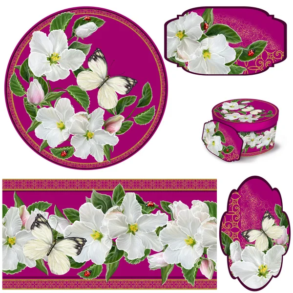 Set for packaging. Box round. Label. decoupage. Floral background. Flower border. Pattern. Mosaic. Blooming white apple and white butterfly.