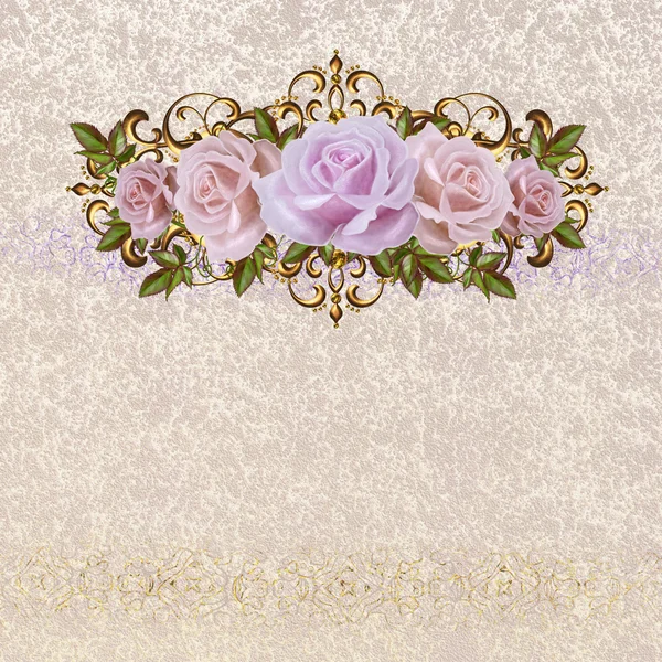 Bouquet colorful roses in a gold frame.Old style. Pastel shades. Floral background.