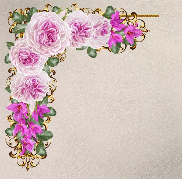 Corner frame gold braiding. Pastel roses. Garland of flowers. Floral background. Old style vintage.