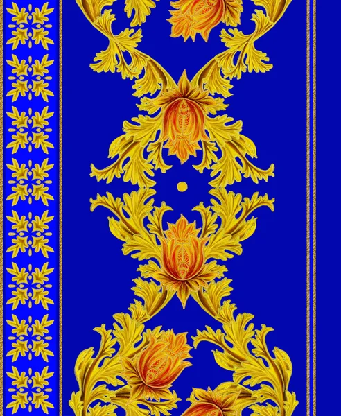 Pattern, seamless. Old style, stylized flowers and leaves, swirls, gold braiding.Vertical floral border.