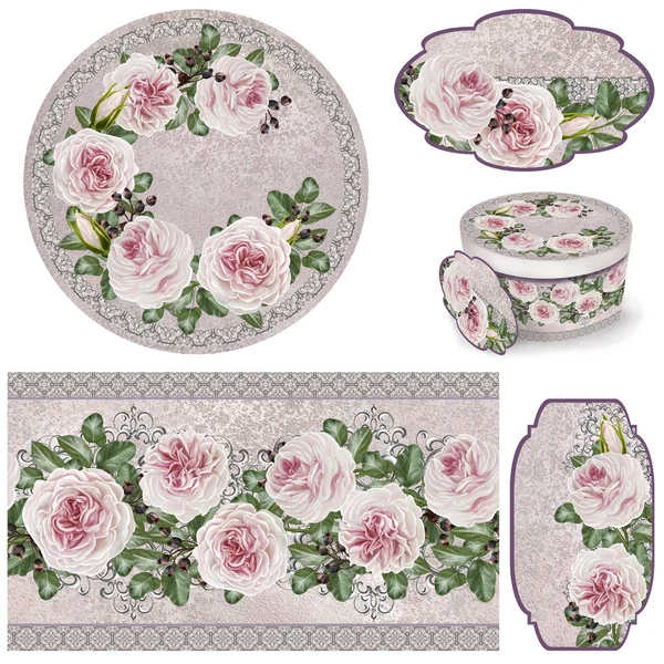 Set for packaging. Box round. Label. decoupage. Floral background. Flower border. Pattern. Mosaic. Branch of pink flowers of camellias, old style.