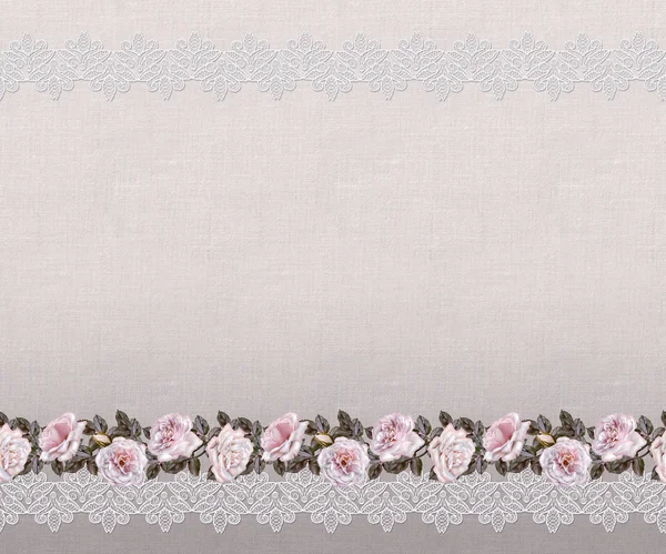 Pattern, seamless. Old style. Fine weaving, mosaic. Vintage background. Flower garland of pink and pastel roses on a background openwork lace. Horizontal border.