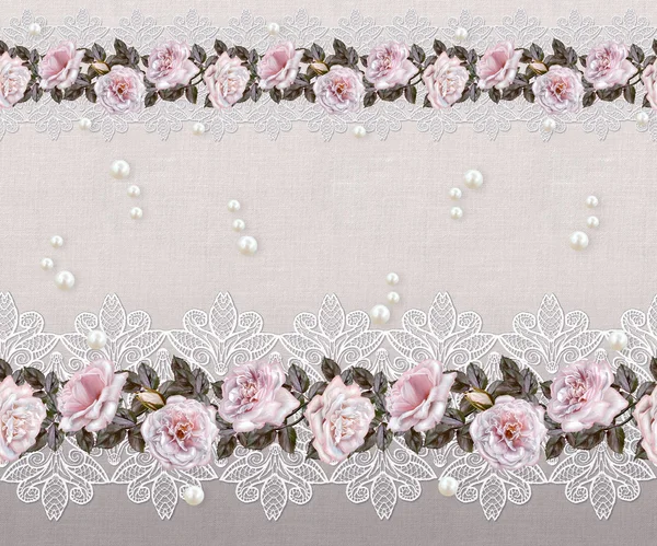 Pattern, seamless. Old style. Fine weaving, mosaic. Vintage background. Flower garland of pink and pastel roses on a background of rough cloth, burlap, openwork lace.