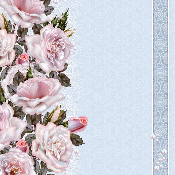 Flower composition.Bouquet of pink roses of pink roses. Old style. Weave pattern, mosaic, lace. Vintage postcard.