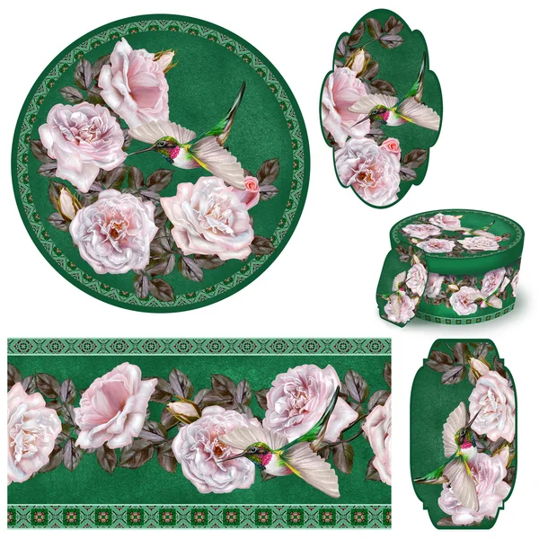 Set for packaging. Box round. Label. decoupage. Floral background. Flower border. Pattern. Mosaic. Garland of pale pink and pastel roses. Little bright bird hummingbird in flight.
