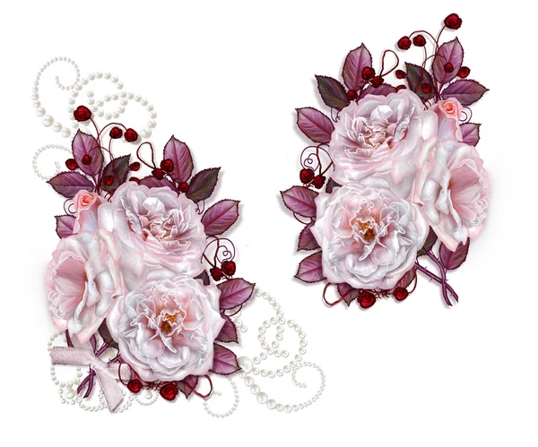 Set. Bouquet of pink flowers roses, red leaves, burgundy berries. Isolated. Openwork weaving of pearls.