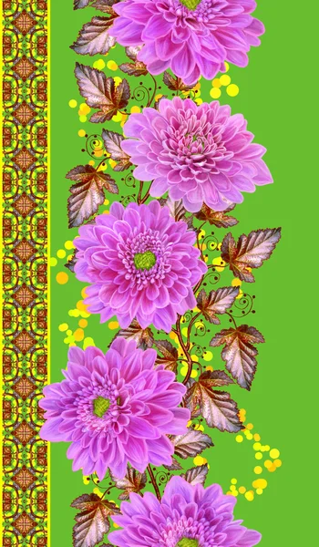 Vertical floral border. Pattern, seamless. Flower garland of pink, white, red chrysanthemums. Autumn background. Isolated on white background.