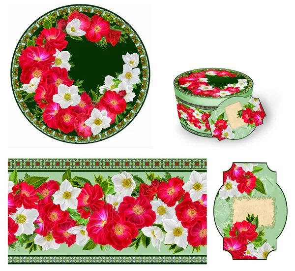 Set for packaging. Box round. Label.decoupage. Floral background. Flower border. Pattern. Mosaic. Red roses and white flowers anemones.
