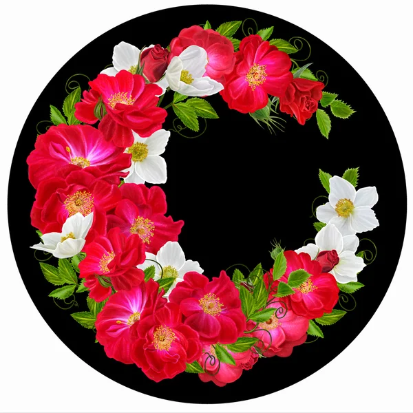 Flowers in a circle. Round form. Round floral background. Roses are red and white flowers anemones.