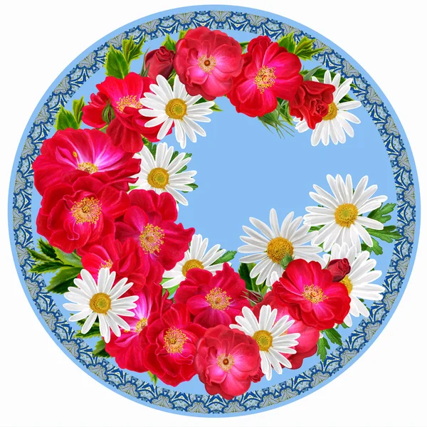 Flowers in a circle. Round form. Round floral background. A branch of red climbing roses, chamomile