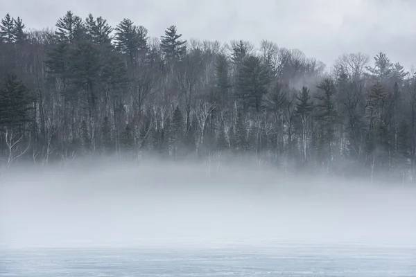 Warm air blows gently on April breezy gray day.  Fog on cold surface of melting ice Eastern Ontario lake.