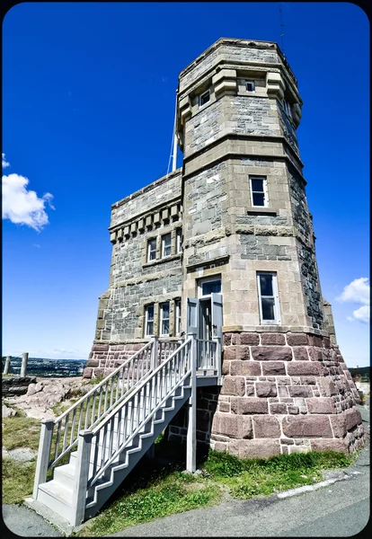 Rectilinear wide angle view of entrance to radio communications tower, Signal Hill, St. John\'s, Newfoundland, Canada.