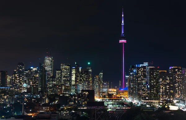 Night in Toronto.  Long exposure of urban lighted skyline on a hot humid August evening.