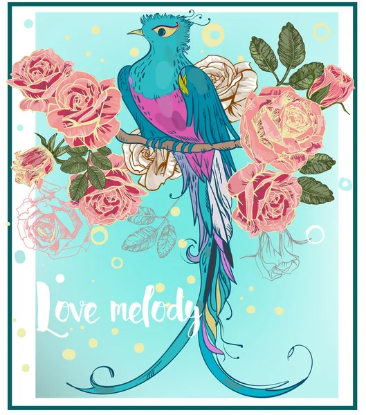 Exotic bird with rose flowers