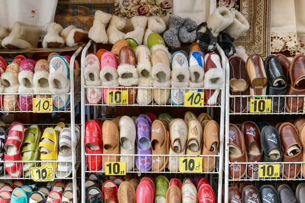 Traditional polish leather slipper on street market in Zakopane, Poland. 5 JULY 2016 ZAKOPANE, POLAND.