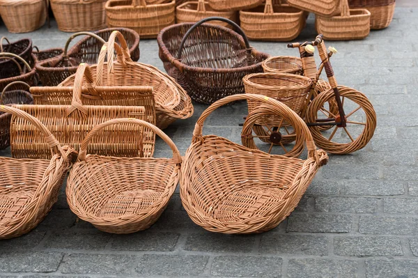 The variety of baskets on the street market.