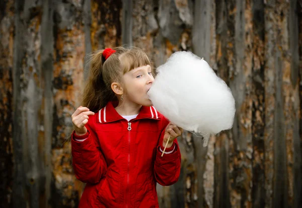 Beautiful little girl eating candy floss (cotton candy).