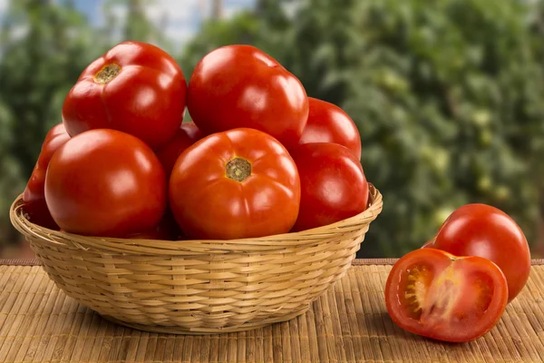 Some tomatoes over a wooden background. Fresh vegetable.