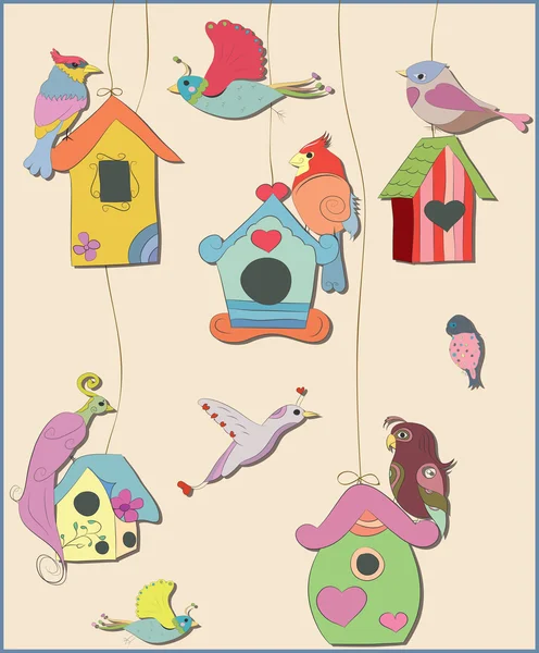 Colorful set of birds and bird houses