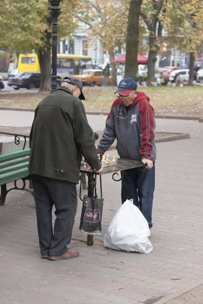 Elderly people play chess on the street in the park