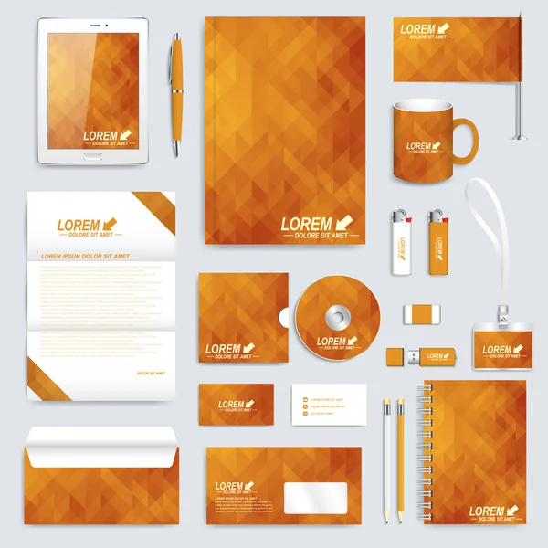 Golden set layout of vector corporate identity template. Business, science, medicine and technology design stationery mock-up. Background with gold triangles. Abstract branding presentation leaflet