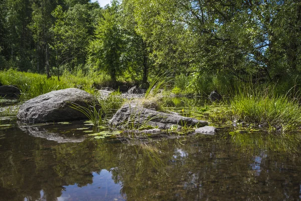 Summer landscape with river flow and blue sky