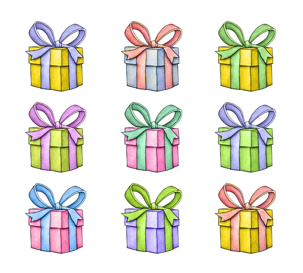 Set of colorful gift boxes with bows and ribbons isolated on white background. Watercolor lovely illustration. Handwork