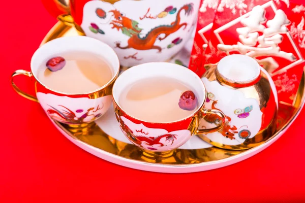 Chinese tea set with envelope bearing the word double happiness