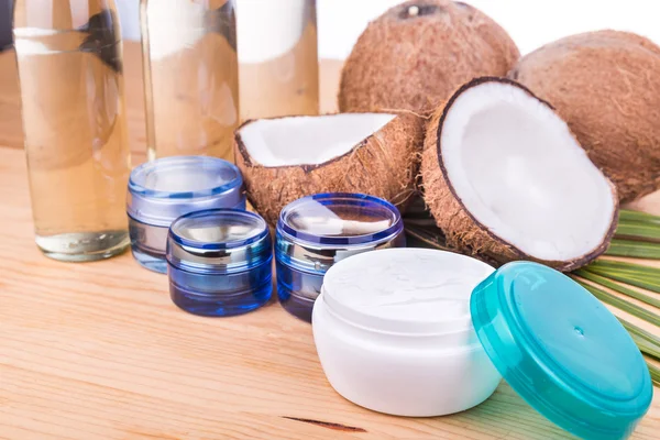 Cold pressed extra virgin coconut oil in bottles and jar