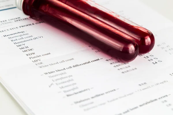 Blood sample in test tubes with health analysis screening report