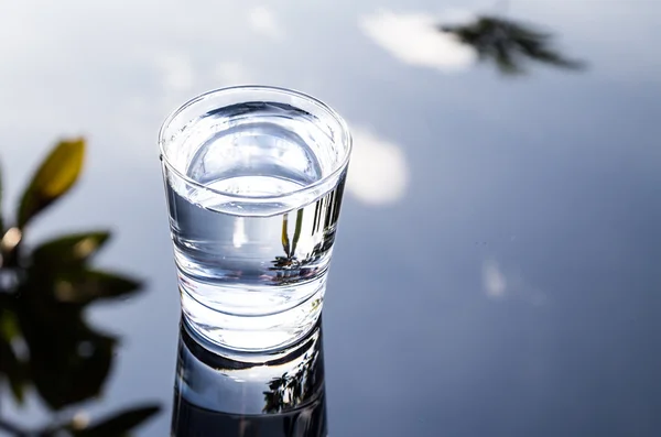 Refreshing water in transparent glass with reflection against blue sky