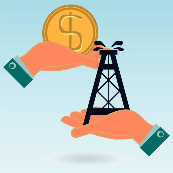 Oil rig and dollar gold coin in hands. Oil market. Illegal sale