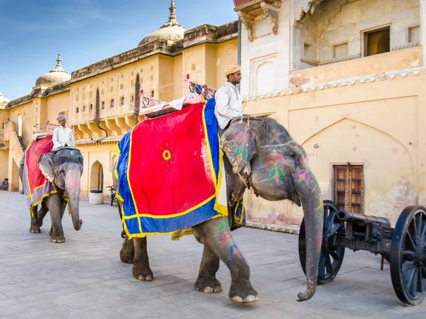 Men in traditional national costumes ride on elephants