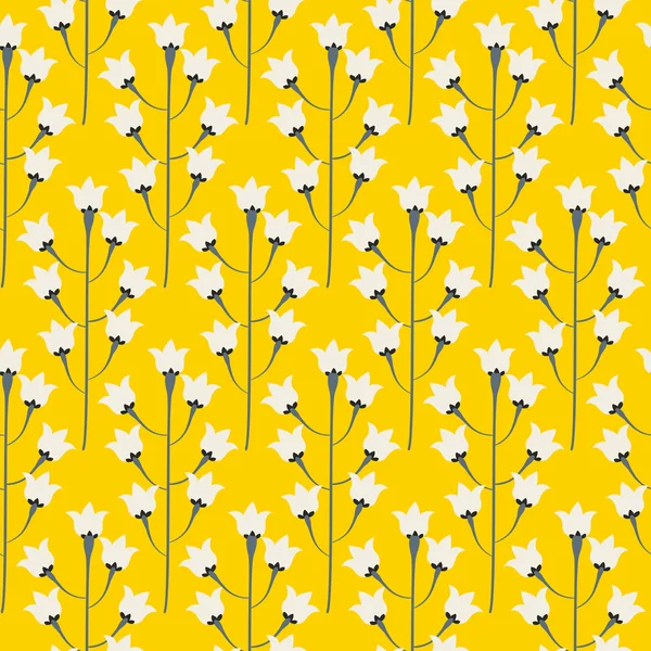 Wild bluebell bright yellow flower spring field seamless pattern.