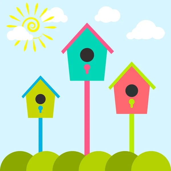 Nesting box cartoon set. Meadow with colorful bird houses.