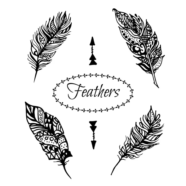 Hand drawn vector zentangle black feathers set isolated on white.