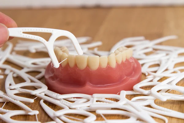 Set of false teeth surrounded by dental floss