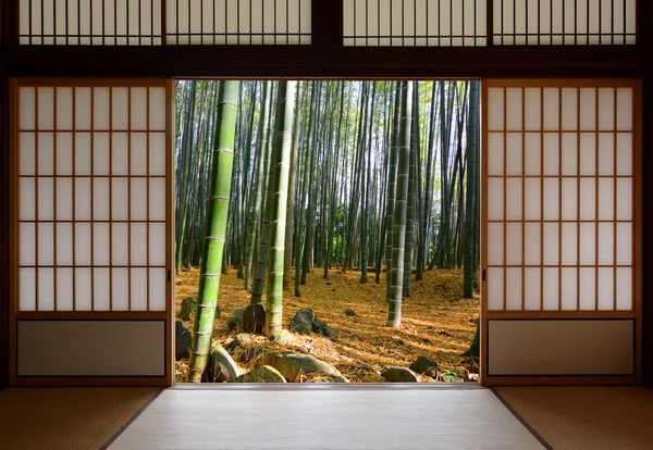 Open Japanese sliding doors and lush green bamboo forest