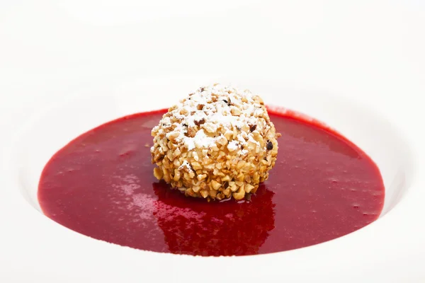 FRIED ICE CREAM WITH FRUIT COULIS recipe on a white background.