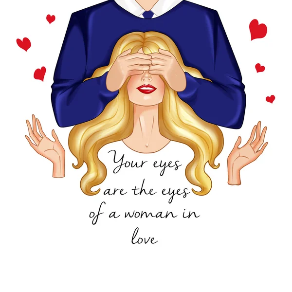 Illustration of man covering a woman\'s eyes