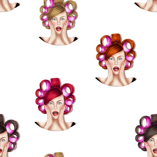Seamless Pattern All over background with pretty girls with hair rolls - Raster Illustration