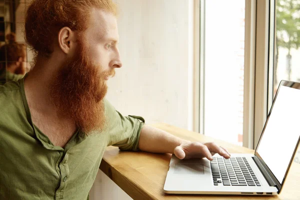 Handsome student with thick red beard working on his course paper using laptop computer with blank copy space screen for your text or promotional content, sitting alone at counter near window