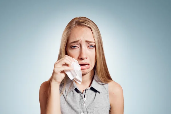 Sad crying disappointed funny business woman isolated on background. Caucasian businesswoman looking unhappy. Negative human emotion facial expression reaction attitude