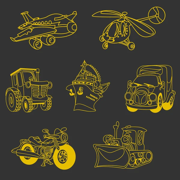 Outline motor vehicle car plane ship helicopter yellow on a blac