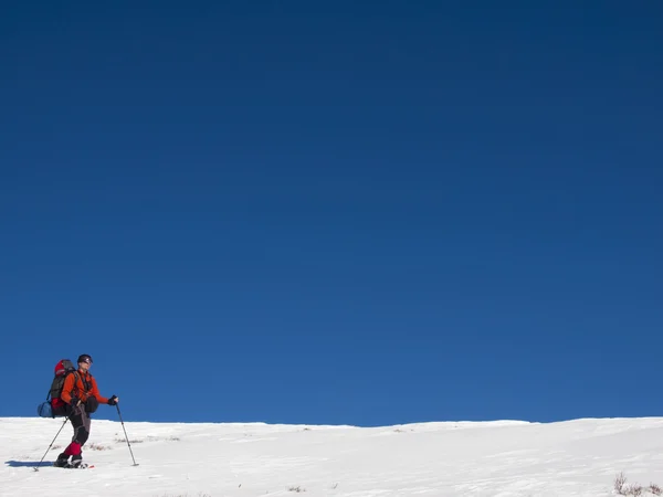 A man in snowshoes walks in the mountains with a backpack.